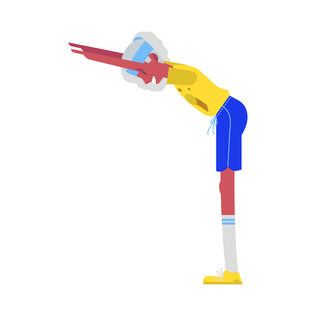 Vector flat elderly african woman in sportsuit doing sport. Old female black character working out standing forward bend. Grandmother at retirement, pension and healthy lifestyle.のイラスト素材