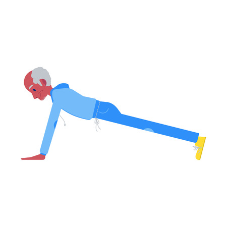 Vector flat elderly african man in sportsuit, hoodie doing sport. Old male black character working out doing pushups. Grandfather at retirement, pension and healthy lifestyle.のイラスト素材