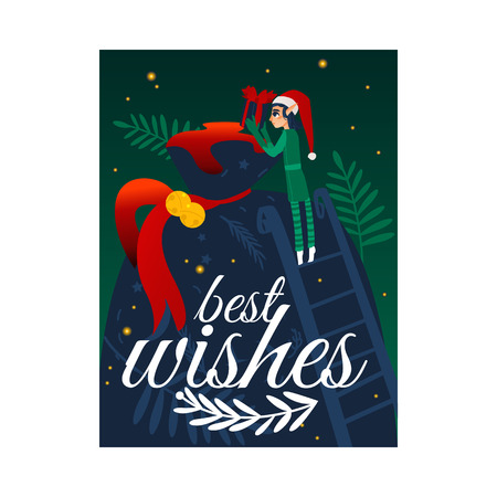 vector flat christmas elf boy holding putting present box to santa big bag with best wishes lettering inscription. Christmas new year holiday design with fairy character in hat, green costumeのイラスト素材