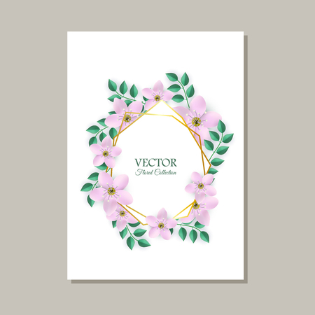 Floral vector illustration of tender romantic card with frame of pink flowers and green leaves on white background with copy space. Natural design with decorative blooms and foliage.のイラスト素材