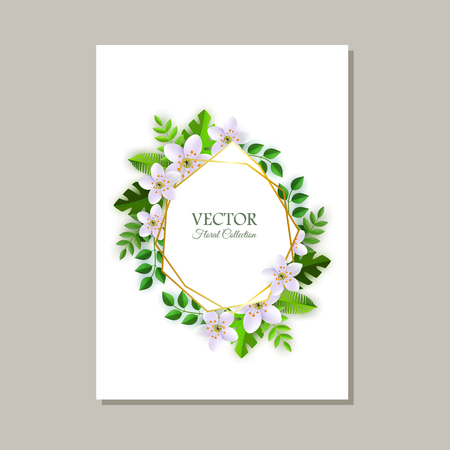 Floral vector illustration of romantic card with frame of tender light pink flowers and green leaves on white background with space for text. Natural design with blossoms and foliage.のイラスト素材