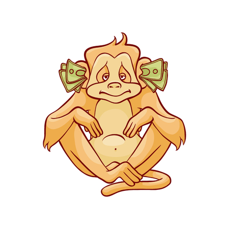 Vector illustration of monkey dont hear because of stack of green banknotes in his ears in sketch style isolated on white background - hand drawn wild animal with ears covered with money.のイラスト素材
