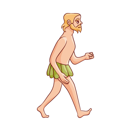 Vector sketch caveman walking naked in loincloth made of leaves. Prehistory barbarian, ancient primitive homo male character. Isolated illustrationのイラスト素材