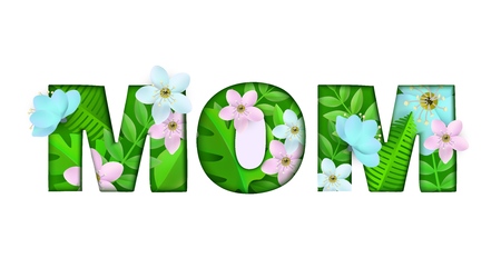 Vector mom inscription with green leaves, abstract white flowers on pink background for happy mothers day greeting card, store, shop advertising, poster template or discounts campaign illustrationのイラスト素材