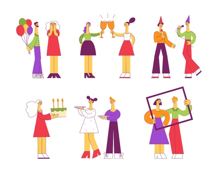 Celebrating vector illustration set with various flat people at holiday party carrying dishes and cake with candles, making surprise and drinking champagne, singing with karaoke and photographing.のイラスト素材