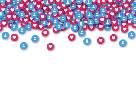 Vector social network background with red like heart, blue new users icons in red circle falling...