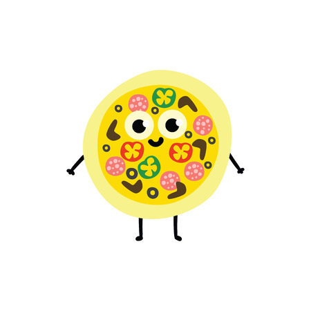 Vector illustration of whole pizza cartoon character in flat style - funny mascot of round fresh traditional italian food with salami and vegetables isolated on white background.のイラスト素材