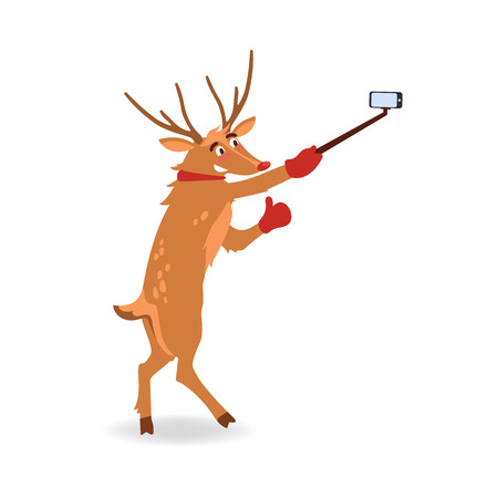 vector cute christmas reindeer making selfie by smartphone with stick. Funny winter character having fun. Merry christmas, xmas holiday design isolated flat illustrationのイラスト素材