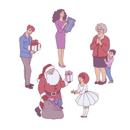 Vector cheerful santa claus in traditional red white clothing, hat giving presents from magic bag or sack to caucasian family members father, mother and kids. Merry christmas holiday celebrationのイラスト素材