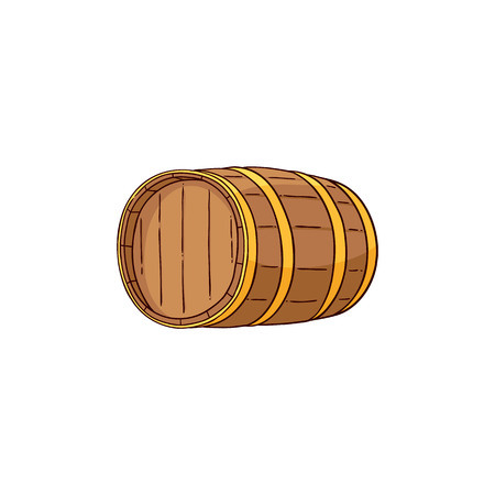 Vector wooden alcohol barrel hand drawn icon. Traditional wiskey, rum, scotch or wine oak keg,...
