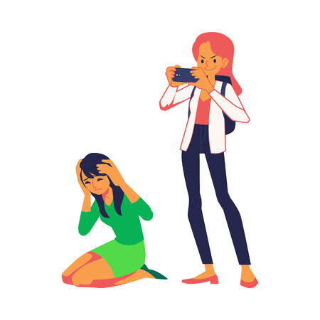 Vector concept of bullying and teen harassment. Young woman making photo of stressed girl in green shirt sitting at knees holding head after act of bullying.のイラスト素材