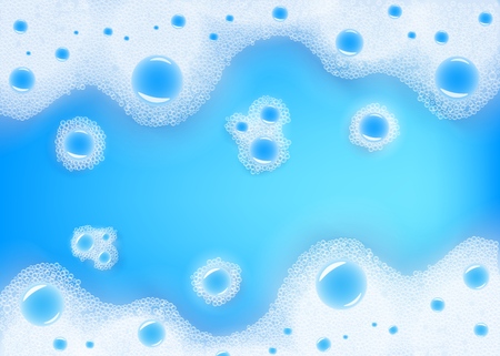 Vector white soap foam in blue liquid background. Water with shampoo or cleaning foam for bath, laundry or skin care related product packaging design backdrop.のイラスト素材