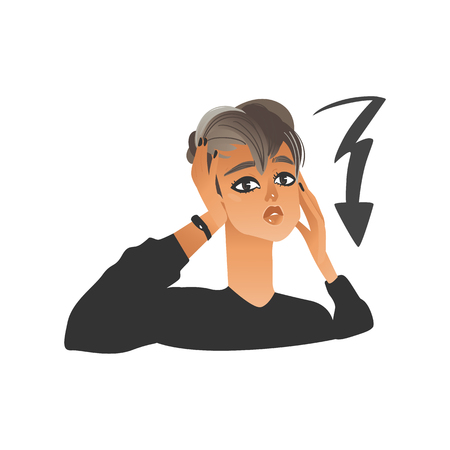 Vector beautiful young woman with lighting arrow as sign of stress and depression. Girl with sad, dissapointed facial expression with negative emotion. Unhappy upset female character illustrationのイラスト素材