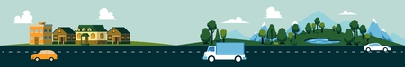 Vector country road landscape with trucks, cars riding on background of mountains, green hills, meadow trees and lakes and small town buildings. Countryside scenery, roadside backdropのイラスト素材