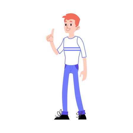 Vector smiling male character pointing out with index finger coming up with an exiting idea. Young man with eureca moment. Concept of creativity, brainstorming and imaginationのイラスト素材