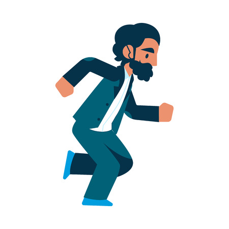 Vector running businessman in suit with beard. Male manager in corporate outfit in a hurry, dashing to an appointment or meeting. Time management and business people. Isolated illustrationのイラスト素材