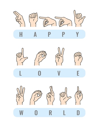 Vector deaf-mute alphabet with hand gestures set. Hand drawn mute language, communication for disabled people. Finger, palm and fist signs collection. Isolated illustrationのイラスト素材