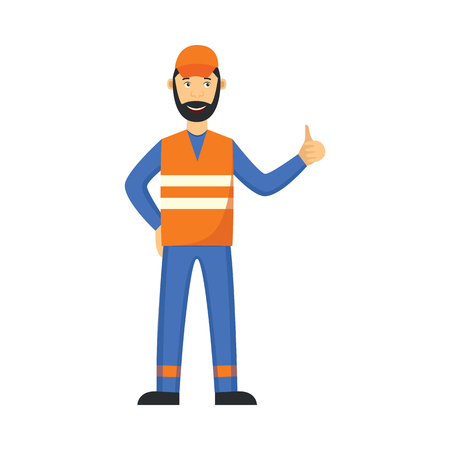 Vector garbage man in unifrom, waistcoat showing thumbs up. Janitor male character removing rubbish, wastes to make it recycled. Flat professional character icon.のイラスト素材
