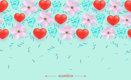 Vector hearts and flowers seamless pattern background with confetti. Cute romantic wallpaper for valentines day holiday, wedding or marriage greeting card design, dating invitation backdrop.のイラスト素材