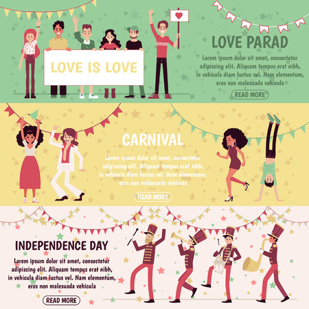 Set of banners with people for independence day, gay parade, carnival. Men and women celebrate, dance and participate in a demonstration and party, the musicians marching. Flat vector illustration.のイラスト素材