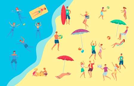 Vector people at seaside beach concept. Male, female characters, adults and kids having fun playing...