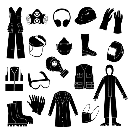 Vector protective uniform and equipment black monochrome icon. Professional clothing for work in contaminated areas, bio hazard or at dirty manufacturing. industrial safety wear, isolated illustrationのイラスト素材