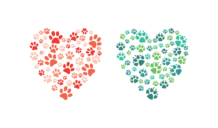 Vector heart made of animal paw footprint. Love animals and save environment concept decoration element. Dogs, cat abstract feet symbols. Isolated illustrationのイラスト素材