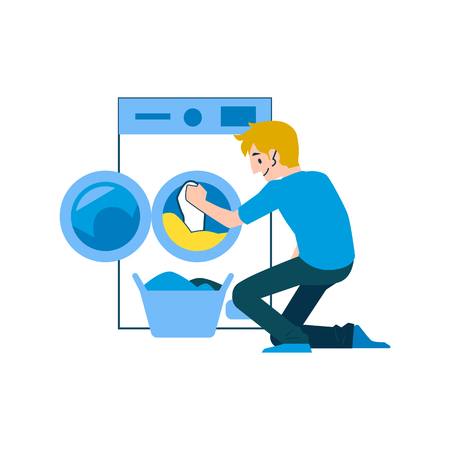 A man and a householder in jeans and a t shirt washes clothes in a washing machine, isolated vector illustration on white background in flat cartoon style.のイラスト素材