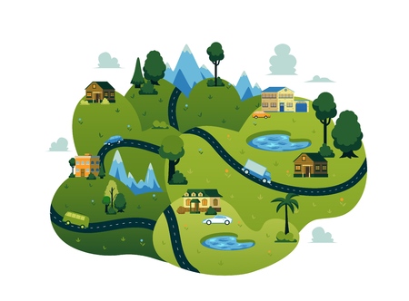 Vector rural landscape scenery icon with road path through green fileds with lakes, farm houses with cars, forest trees and mountains. Map design construcion element. Spring, summer countryside.のイラスト素材