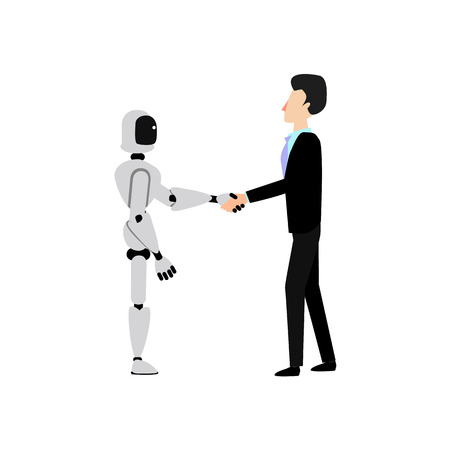 Flat cyborg robot shakes hand to businessman in suit. Successful deal, teamwork within artificial intelligence and human, sign of partnership agreement and futuristic technologies. Vector illustrationのイラスト素材