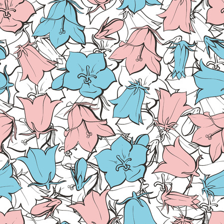 Vector bellflower blossoms seamless pattern background. Natural summer, spring backdrop with campanula meadow plants with blue red petals. Floral natural illustration for poster, textile decorationのイラスト素材