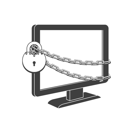 Internet website access forbidden concept with desktop monitor chained by chain with lock outline black icon. Web ban symbol. Global communication problems and modern technologies. Vector illustrationのイラスト素材