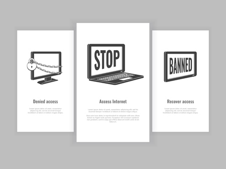 Internet website access forbidden poster set with laptop, tablet and pc monitor chained by chain with lock, banned message black outline icon. Web ban symbol. Global communication problem vectorのイラスト素材