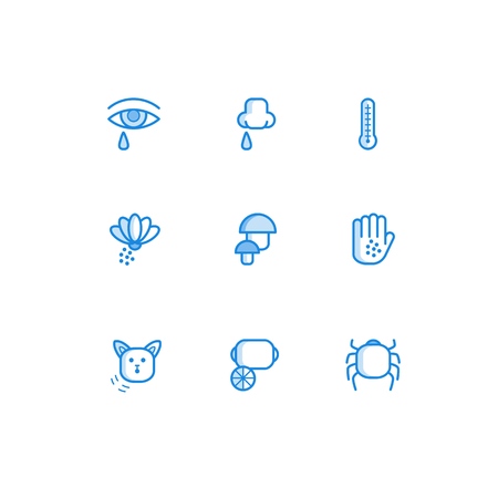 Allergy outline icons set with symptoms of disease and factors that cause body reaction isolated on white background - various allergens and humans conditions in line vector illustration.のイラスト素材