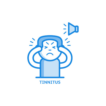 Tinnitus thin icon - symptom of otolaryngology disease isolated on white background. Sick male character hearing loud sound or ringing in ears in outline vector illustration.のイラスト素材
