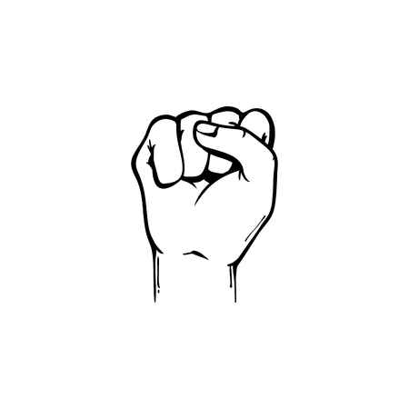 Sketch clenched fist raised up icon. Symbol of power, protest demonstration, freedom and rebellion. Aggressive man hand silhouette, sign of conflict and resistance. Vector illustrationのイラスト素材
