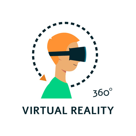 Vector flat young man in virtual reality headset portrait. Smiling male character in VR goggless enjoying 360 degree cyberspace. Modern visual technologies concept.のイラスト素材