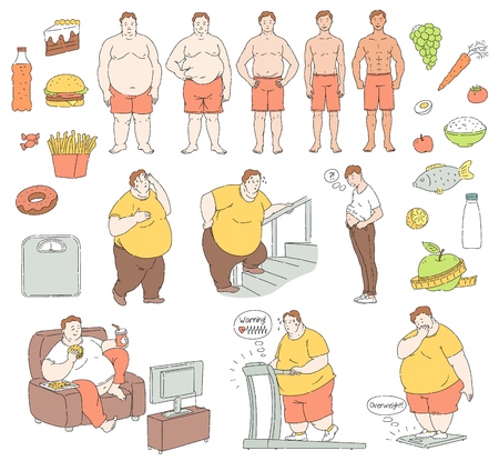 Vector healthy eating and sportive lifestyle characters and food and unhealthy fastfood diet and obesity men. Obese people with belly fat suffering from overweight, fit handsome men collection.のイラスト素材
