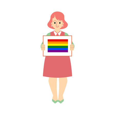 A middle aged white ginger fat woman in a dress holds a poster or a banner with a rainbow. Element lgbt and gay parade, protest, flat vector illustration with lgbt woman.のイラスト素材