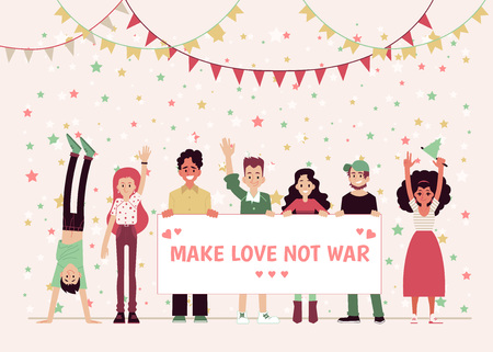 Smiling people holding a poster or a banner Make love, not war. Pacifists and hippies, young men and women protest against the war and celebrate peace. Flat vector illustration in cartoon style.のイラスト素材