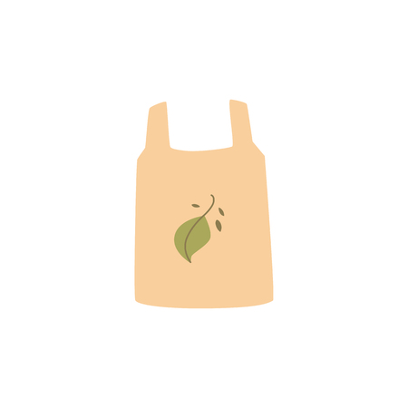 Shopping reusable grocery cloth bag with green leaf in a flat style. Zero waste concept, isolated vector illustration on white background.のイラスト素材