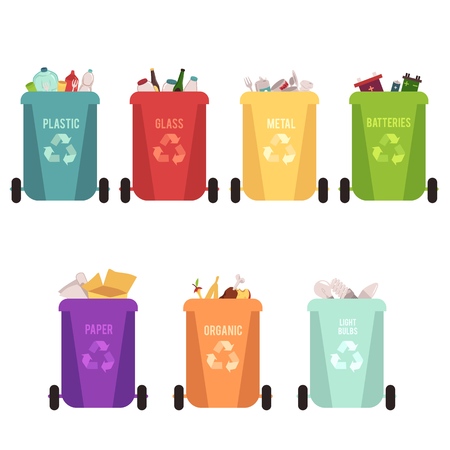 Recycle bins and garbage types, separation of waste on containers for recycling. Different colored recycle waste bins, isolated vector illustration on white background.のイラスト素材