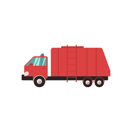 Red garbage truck in flat style. Garbage, trash and rubbish collection for recycling, vector illustration. Vehicle, car and truck icon.のイラスト素材