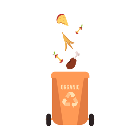 Rubbish orange bin with organic falling waste and garbage for recycling, vector illustration.のイラスト素材