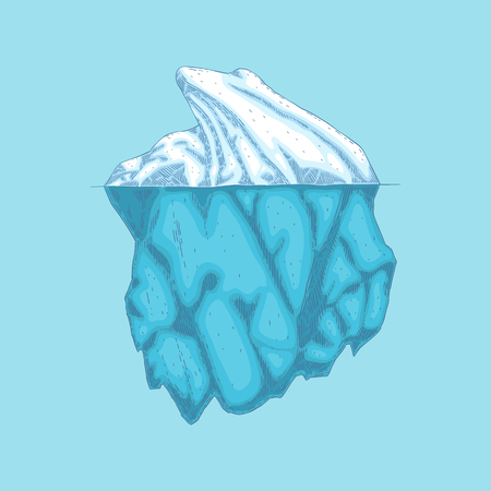 Vector iceberg hand drawn icon. Underwater glacier, polar drifting ice mountain in ocean. Arctic environment and landscape design object. Floating frozen water, ecological infographic element.のイラスト素材