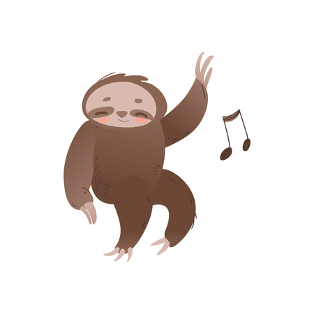 Cute sleepy sloth with closed eyes relaxing and listening to music - adorable jungle animal with musical note. Funny sleeping cartoon character in isolated flat vector illustration.のイラスト素材