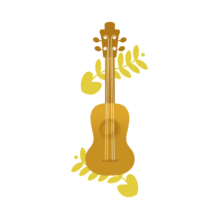 Vector ukulele acoustic guitar with abstract florals. Tropical country, hawaii musical instrument. Traditional south folk string wooden tool for playing music. Isolated illustrationのイラスト素材