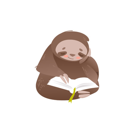 Cute sloth sitting and reading book with interest isolated on white background - lovely and adorable lazy animal studying or resting in flat style. Vector illustration of funny cartoon character.のイラスト素材