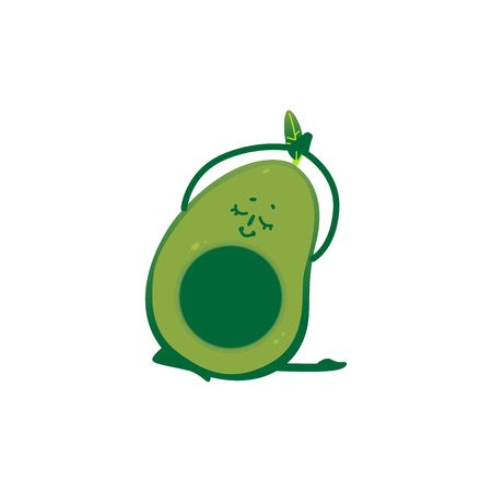 Vector cheerful avocado character doing yoga exercise. Green fruit full of energy and vitamins practicing meditation or stretching. Healthy lifestyle, fitness and sport concept.のイラスト素材
