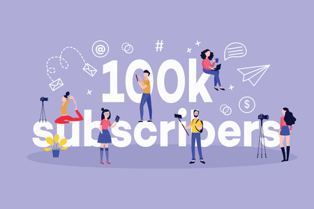 100k subscribers horizontal banner with various bloggers creating content and followers reading and watching posts around big sign in flat style isolated on violet background.のイラスト素材